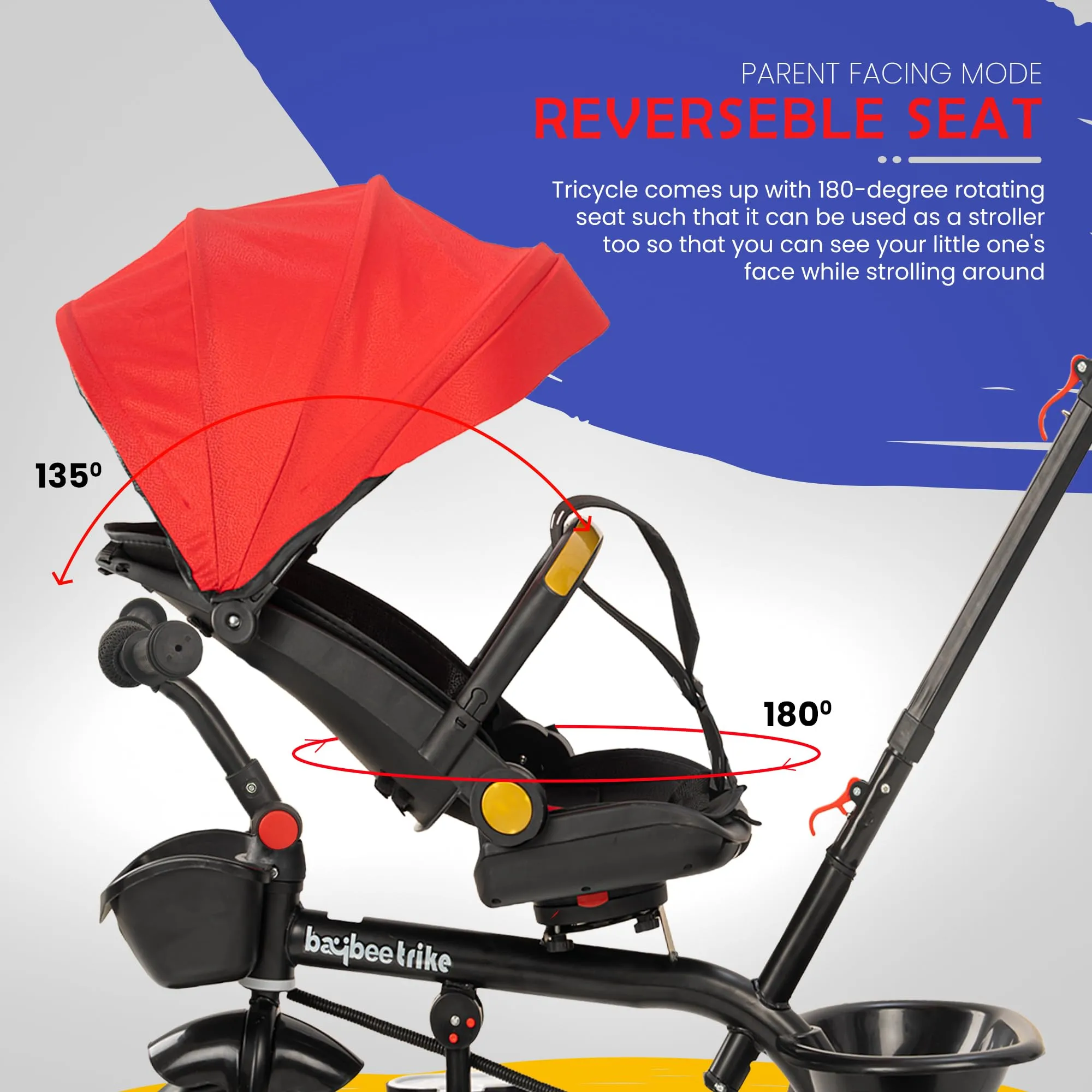 Baybee Uno 2 in 1 Baby cycle for Kids | Baby Tricycles with Parental Push Handle, 180° Reversible Seat, Canopy & Safety Guardrail | Boys Girlsfor 2 - 5 years