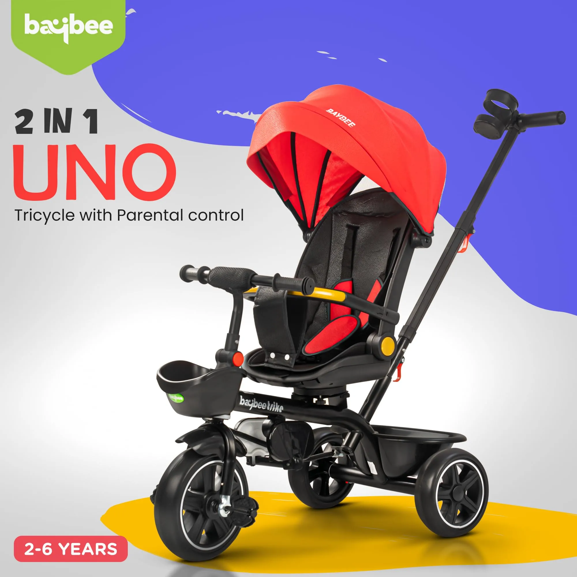 Baybee Uno 2 in 1 Baby cycle for Kids | Baby Tricycles with Parental Push Handle, 180° Reversible Seat, Canopy & Safety Guardrail | Boys Girlsfor 2 - 5 years