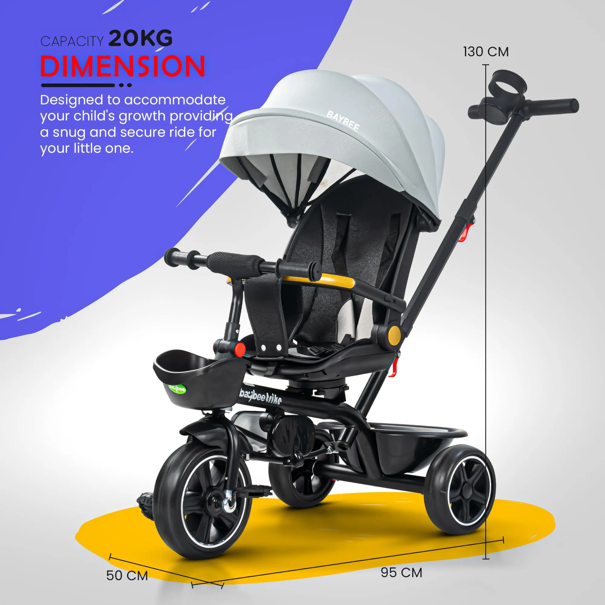 Baybee Uno 2 in 1 Baby cycle for Kids | Baby Tricycles with Parental Push Handle, 180° Reversible Seat, Canopy & Safety Guardrail | Boys Girlsfor 2 - 5 years
