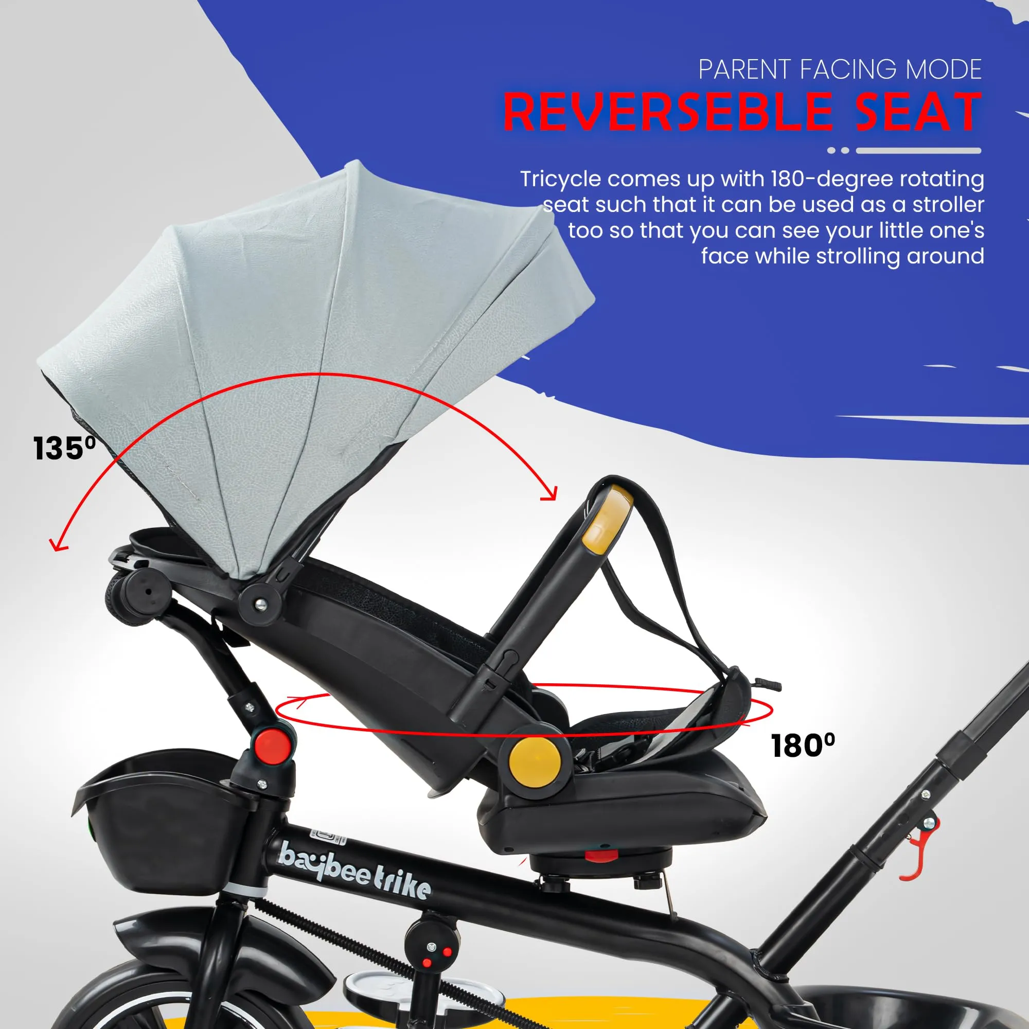 Baybee Uno 2 in 1 Baby cycle for Kids | Baby Tricycles with Parental Push Handle, 180° Reversible Seat, Canopy & Safety Guardrail | Boys Girlsfor 2 - 5 years