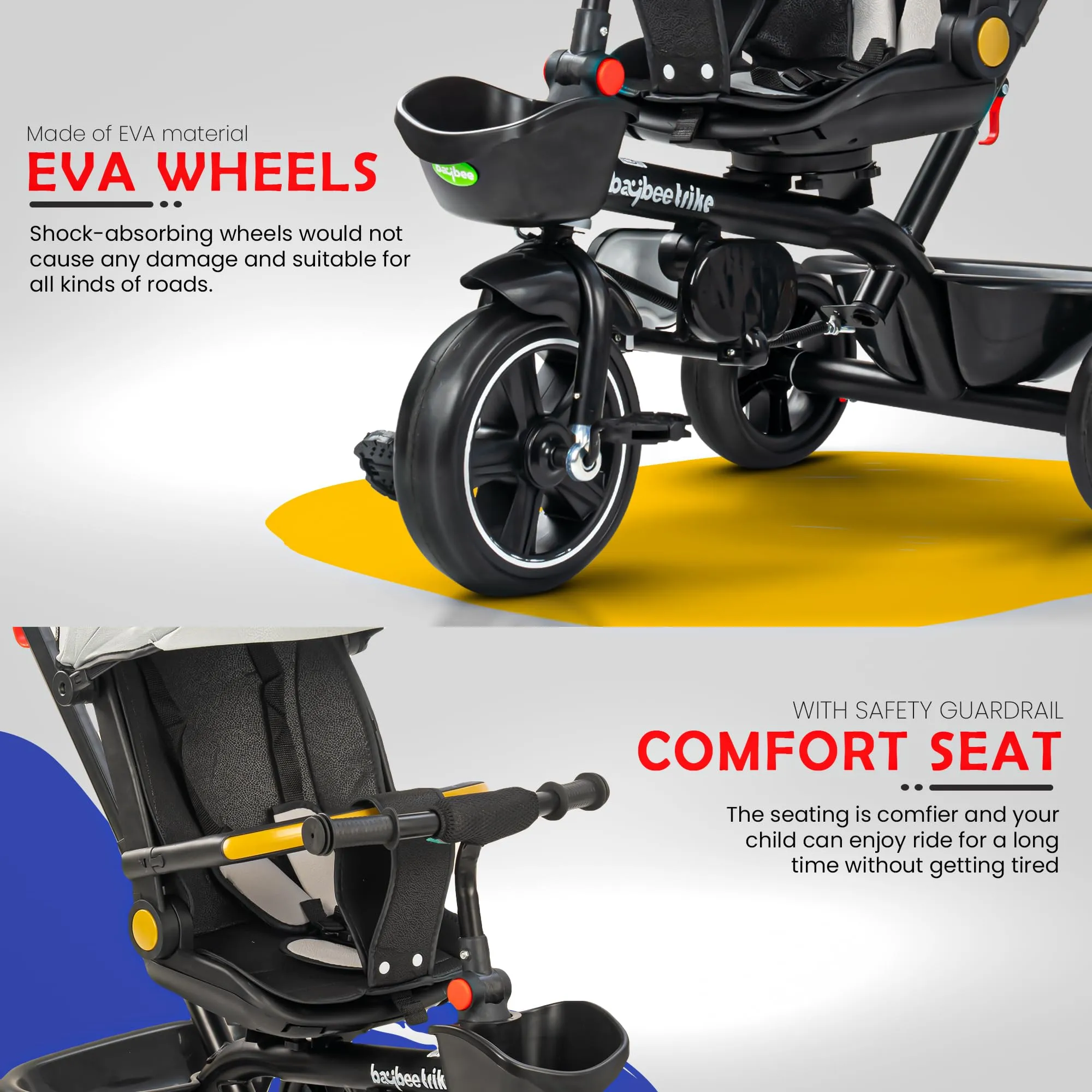 Baybee Uno 2 in 1 Baby cycle for Kids | Baby Tricycles with Parental Push Handle, 180° Reversible Seat, Canopy & Safety Guardrail | Boys Girlsfor 2 - 5 years