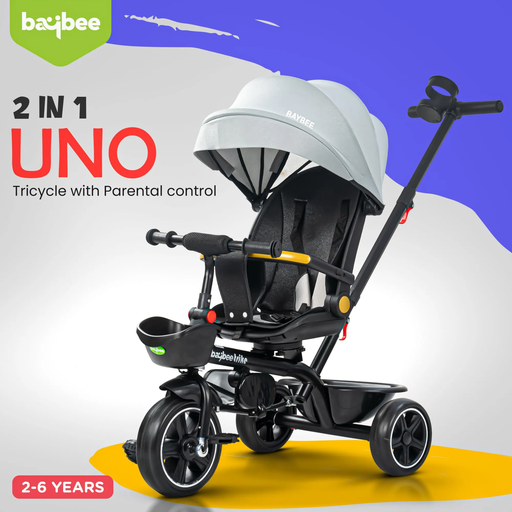 Baybee Uno 2 in 1 Baby cycle for Kids | Baby Tricycles with Parental Push Handle, 180° Reversible Seat, Canopy & Safety Guardrail | Boys Girlsfor 2 - 5 years