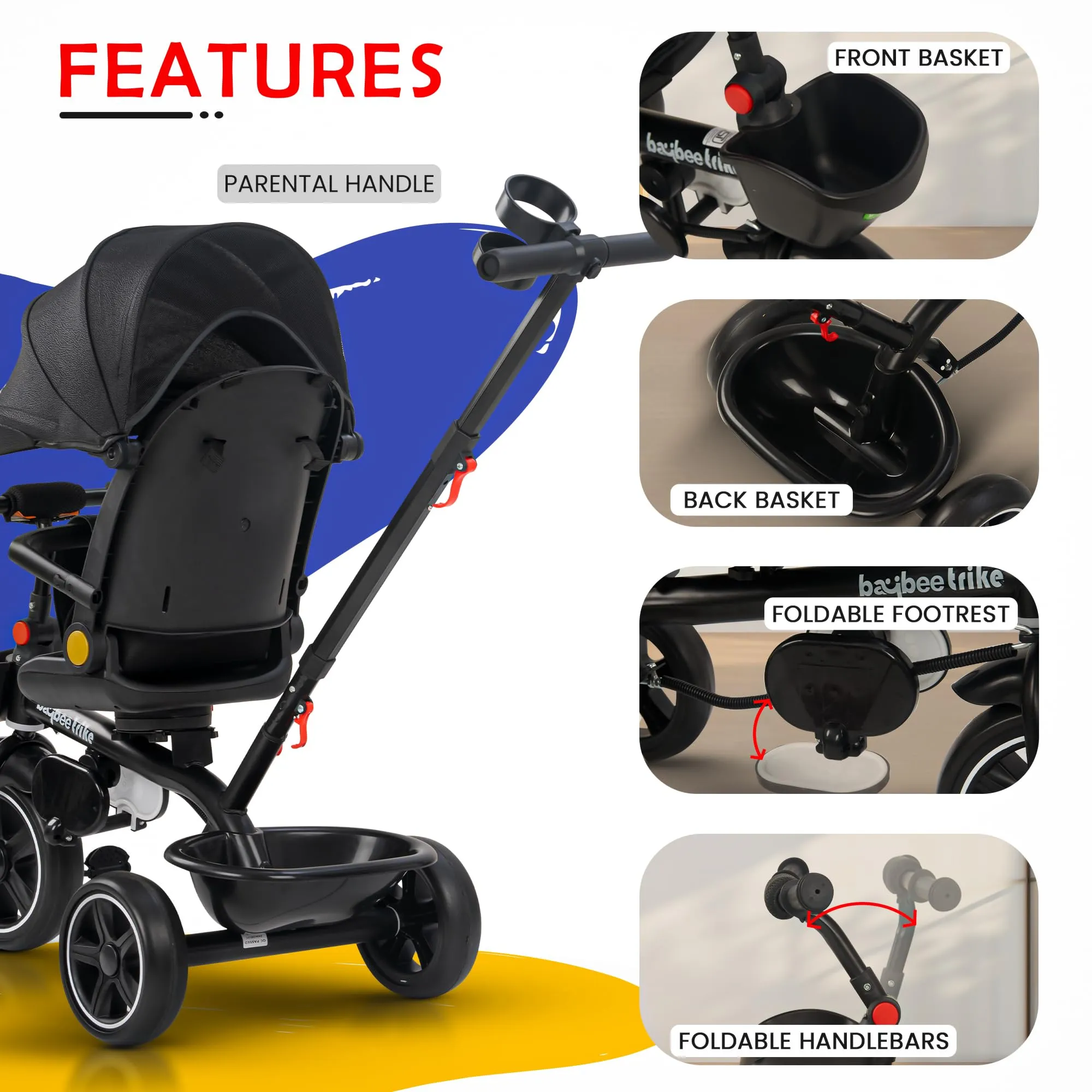 Baybee Uno 2 in 1 Baby cycle for Kids | Baby Tricycles with Parental Push Handle, 180° Reversible Seat, Canopy & Safety Guardrail | Boys Girlsfor 2 - 5 years