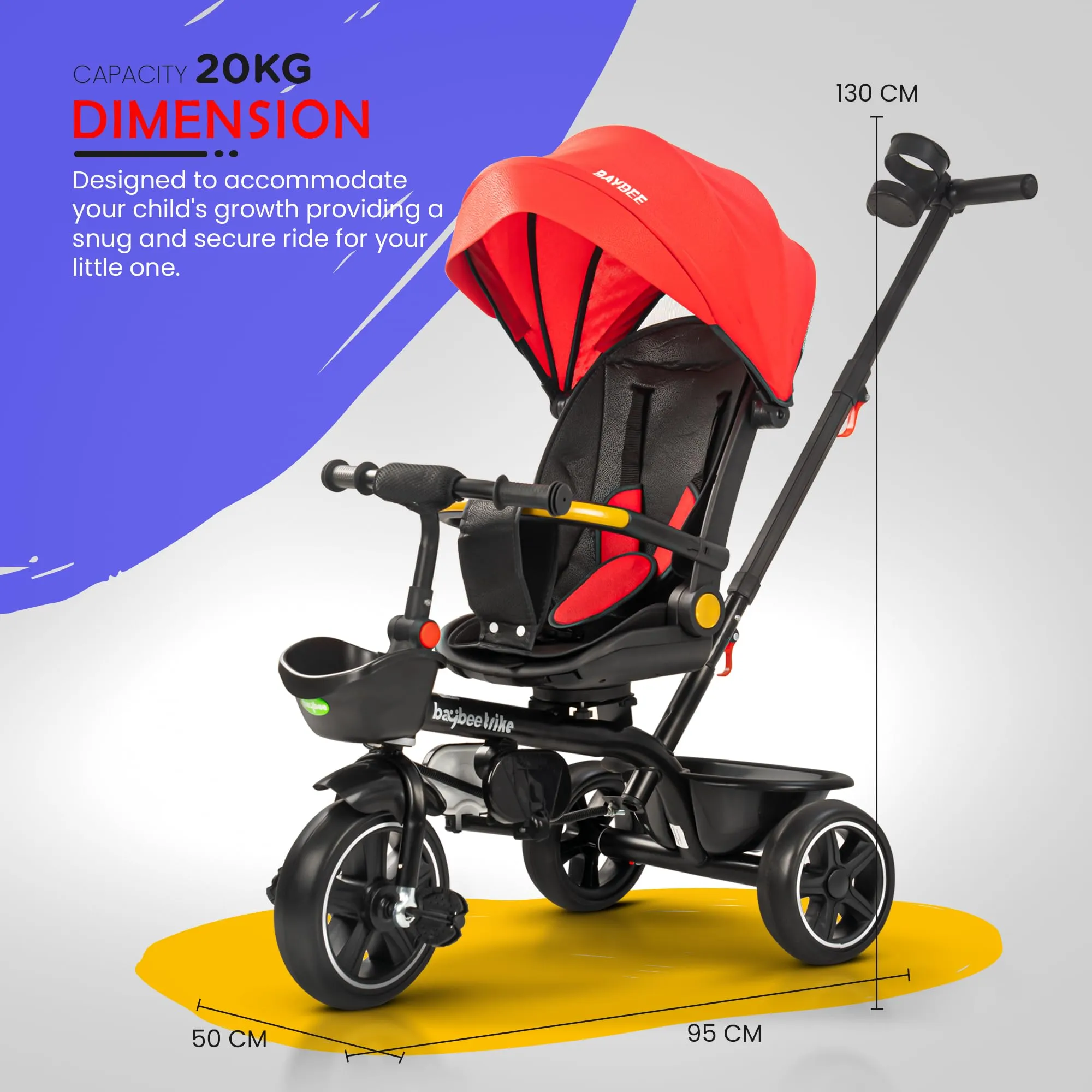 Baybee Uno 2 in 1 Baby cycle for Kids | Baby Tricycles with Parental Push Handle, 180° Reversible Seat, Canopy & Safety Guardrail | Boys Girlsfor 2 - 5 years