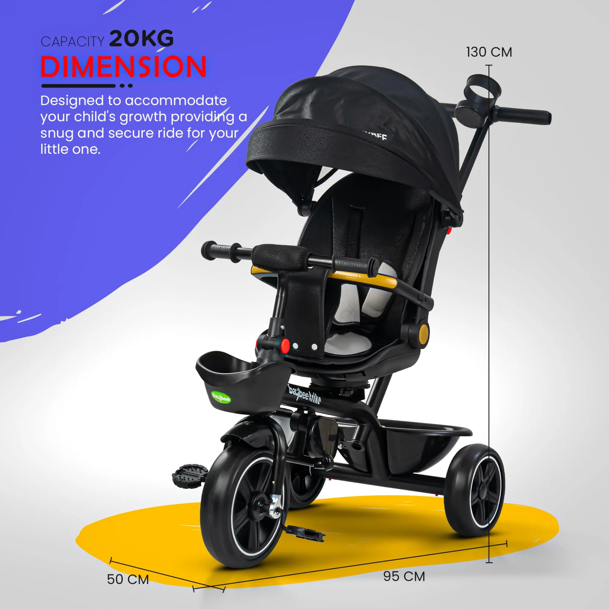 Baybee Uno 2 in 1 Baby cycle for Kids | Baby Tricycles with Parental Push Handle, 180° Reversible Seat, Canopy & Safety Guardrail | Boys Girlsfor 2 - 5 years