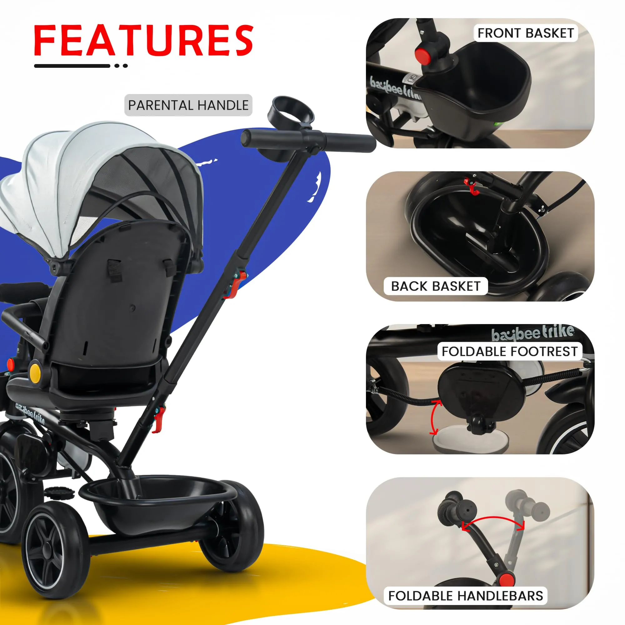 Baybee Uno 2 in 1 Baby cycle for Kids | Baby Tricycles with Parental Push Handle, 180° Reversible Seat, Canopy & Safety Guardrail | Boys Girlsfor 2 - 5 years