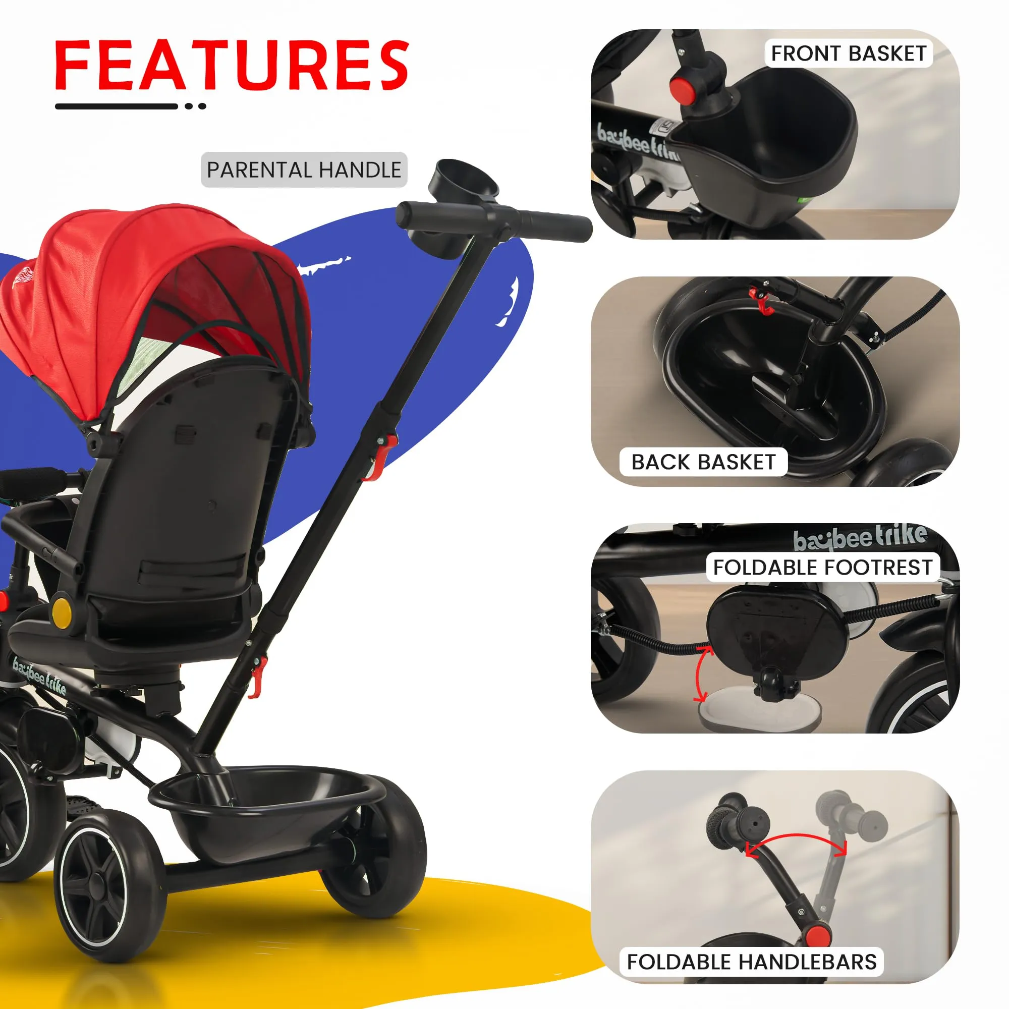 Baybee Uno 2 in 1 Baby cycle for Kids | Baby Tricycles with Parental Push Handle, 180° Reversible Seat, Canopy & Safety Guardrail | Boys Girlsfor 2 - 5 years