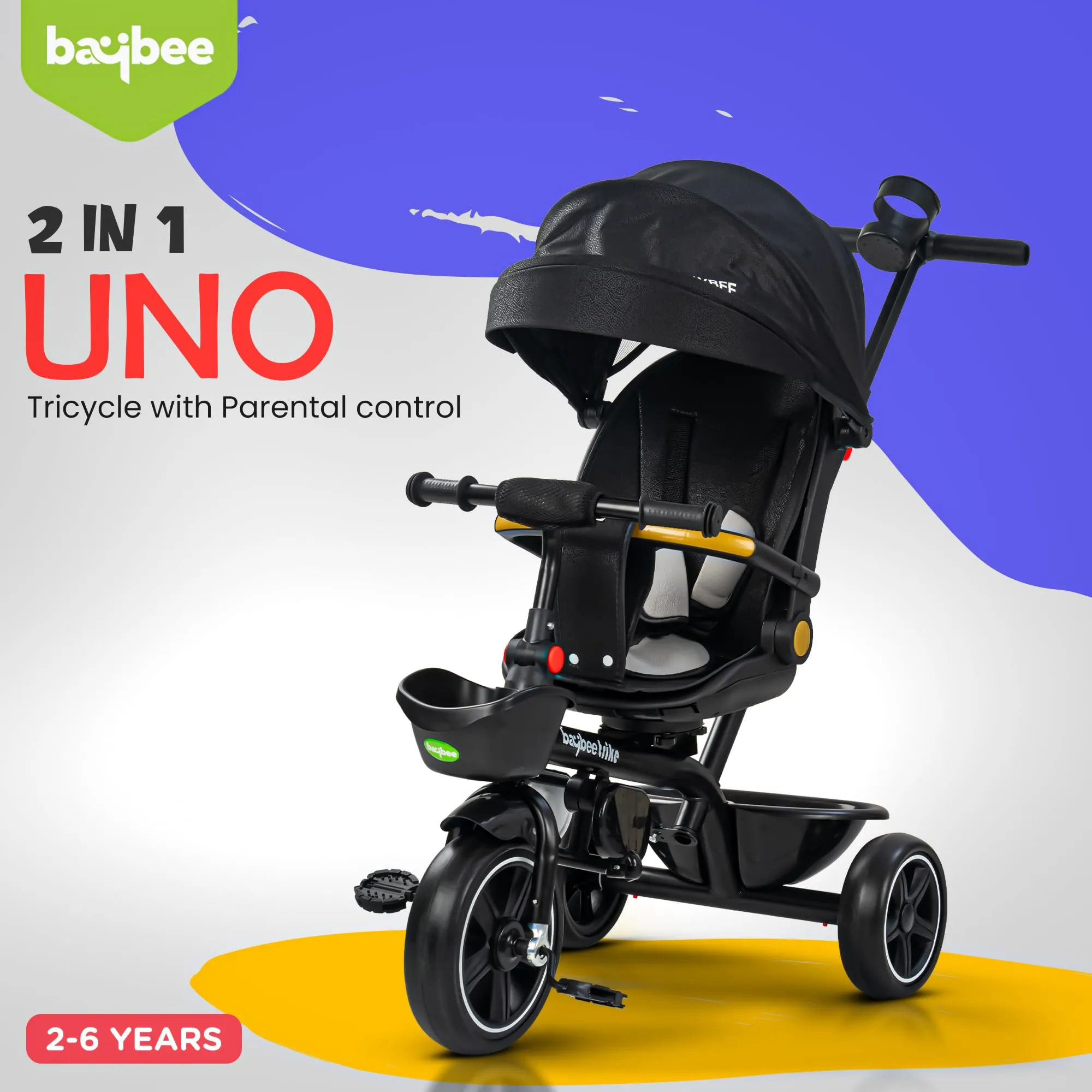 Baybee Uno 2 in 1 Baby cycle for Kids | Baby Tricycles with Parental Push Handle, 180° Reversible Seat, Canopy & Safety Guardrail | Boys Girlsfor 2 - 5 years