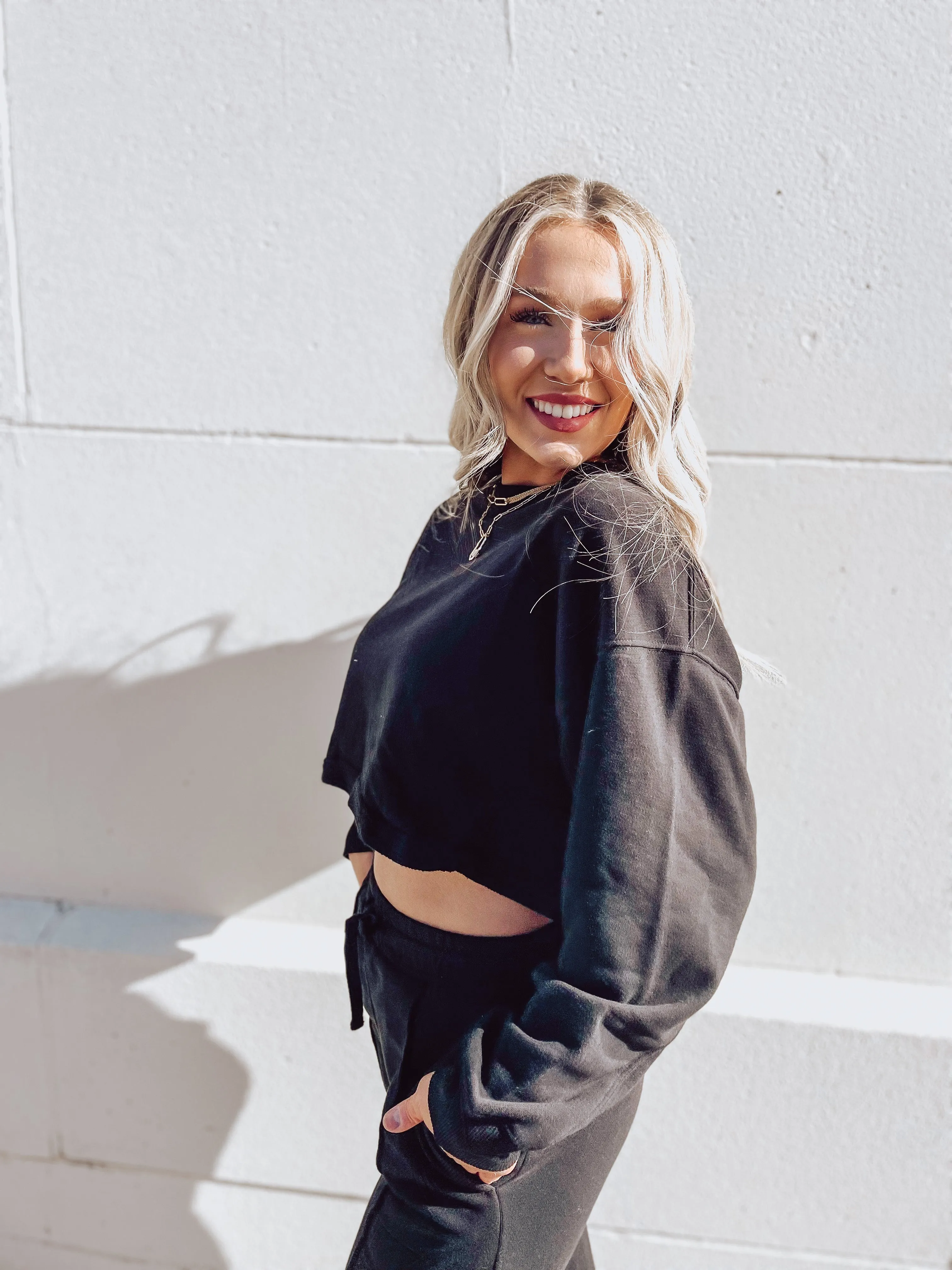 Black Cropped Crewneck Sweatshirt