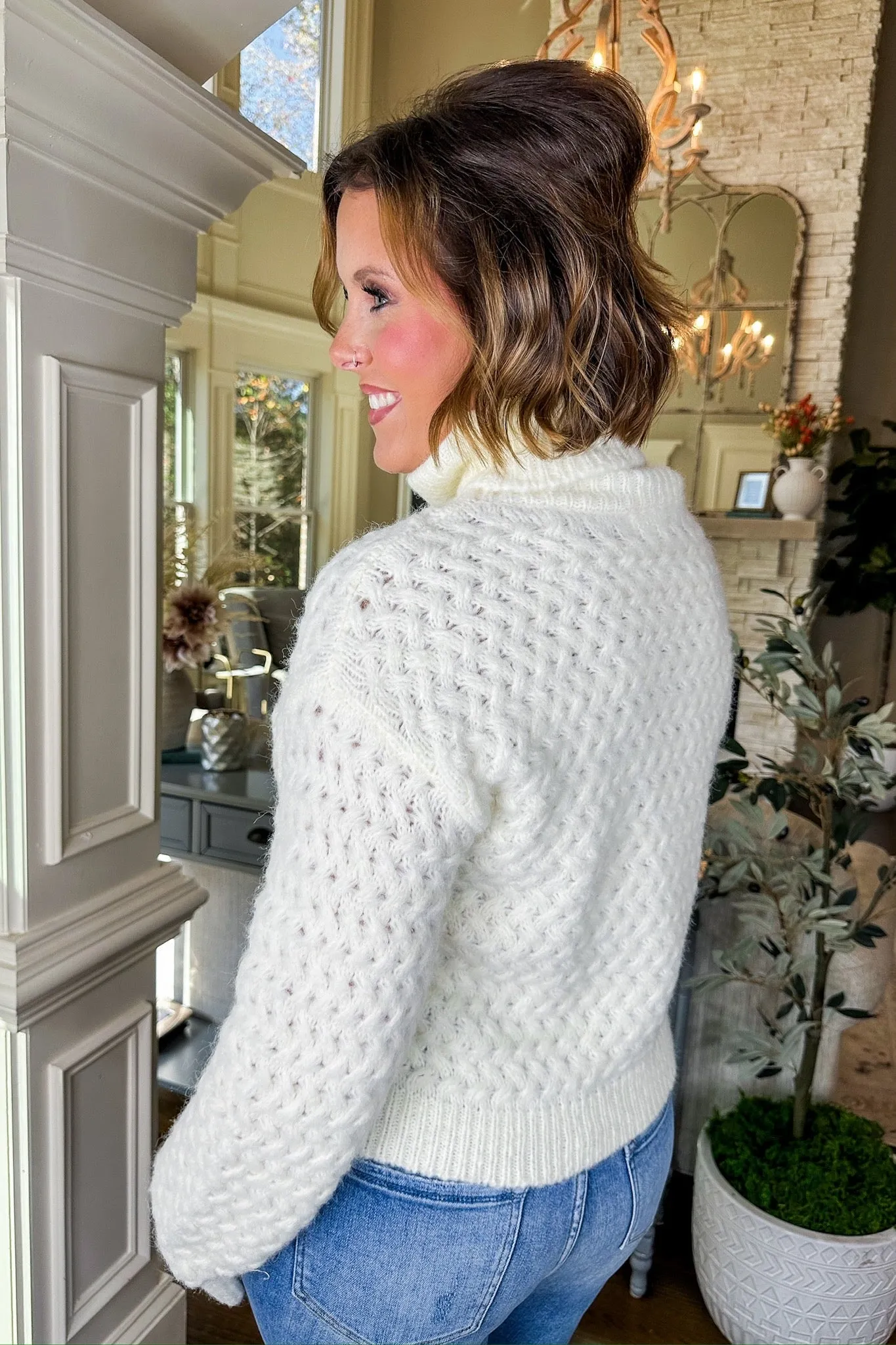 Cozy Soft Woven Knit Ribbed Turtleneck Sweater in Cream