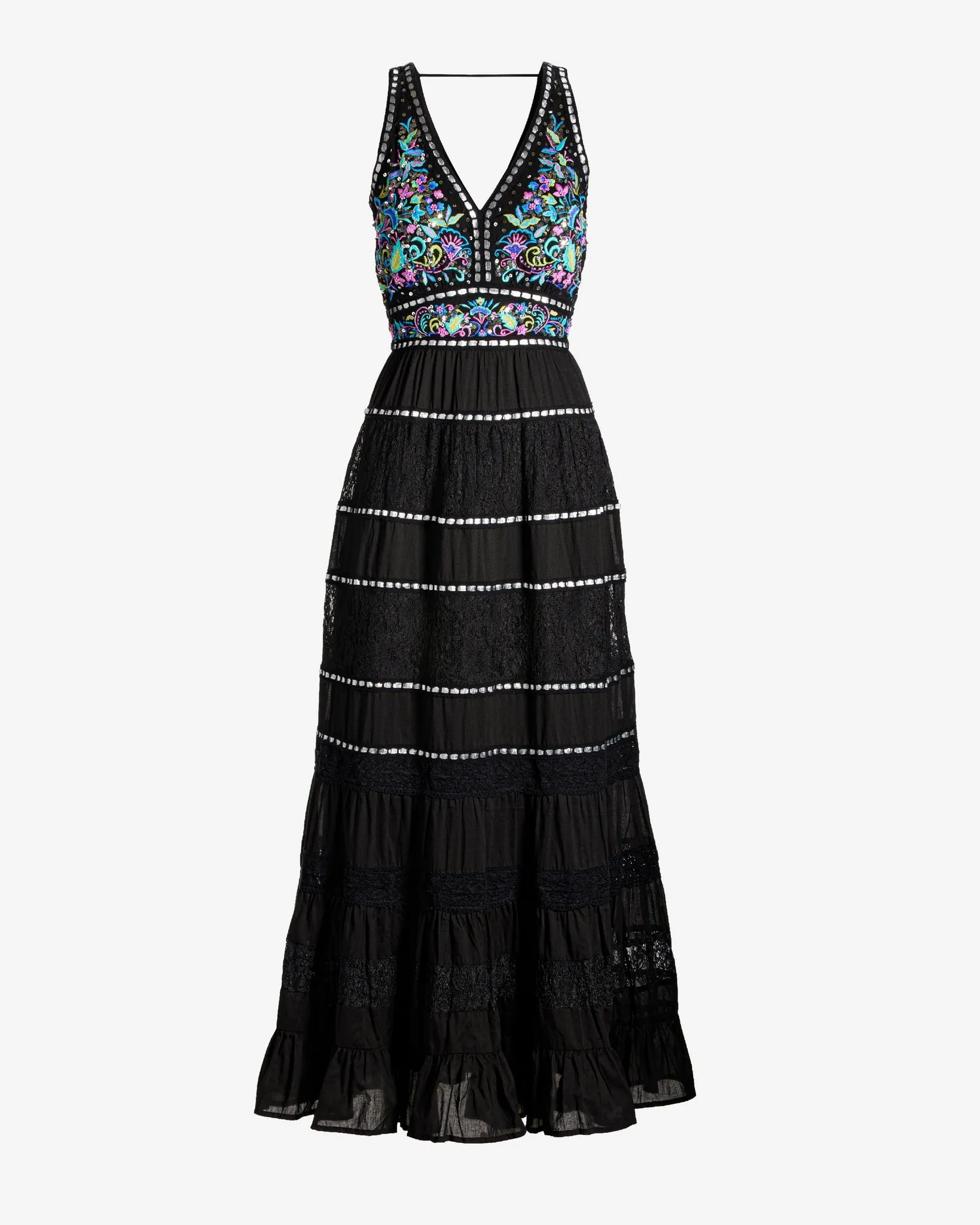 Embroidered and Embellished Tiered Lace Inset Maxi Dress Black