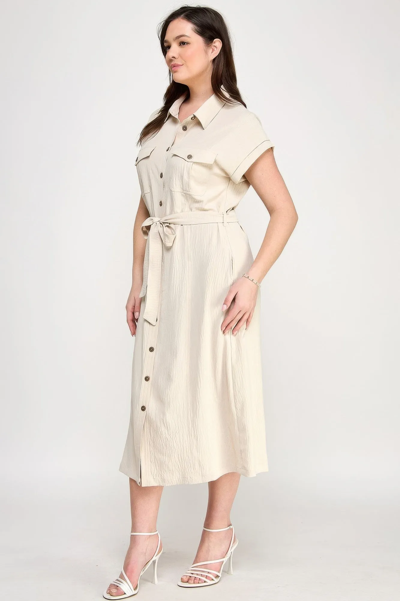 Front Tied Buttoned Short Sleeve Dress