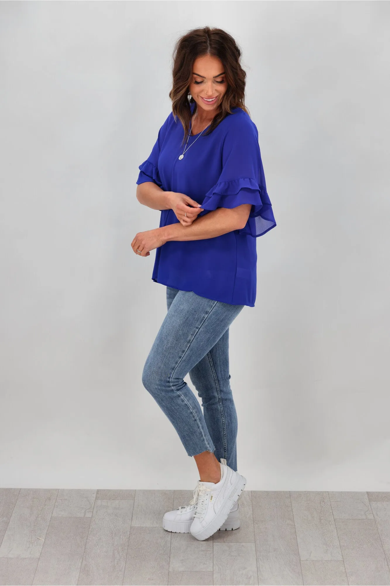 Gloss by Shine On Harper Frill Sleeve Top Cobalt