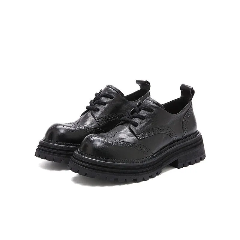 Handmade Leather Chunky Wingtip Full Brogue Oxfords for Women in Brown/Black