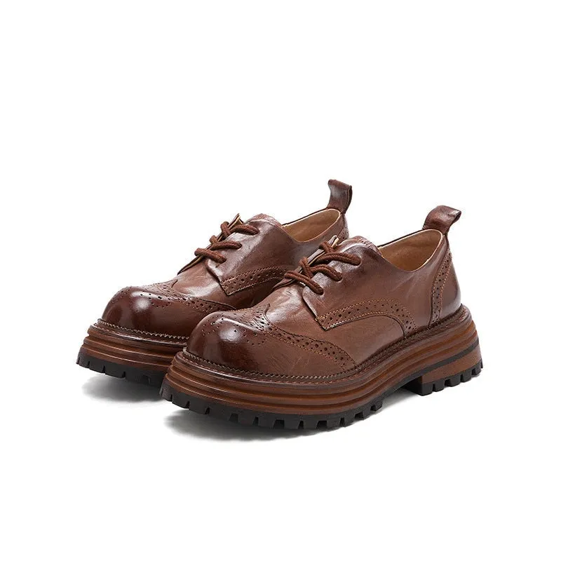 Handmade Leather Chunky Wingtip Full Brogue Oxfords for Women in Brown/Black