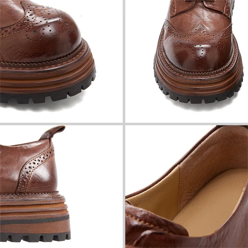 Handmade Leather Chunky Wingtip Full Brogue Oxfords for Women in Brown/Black