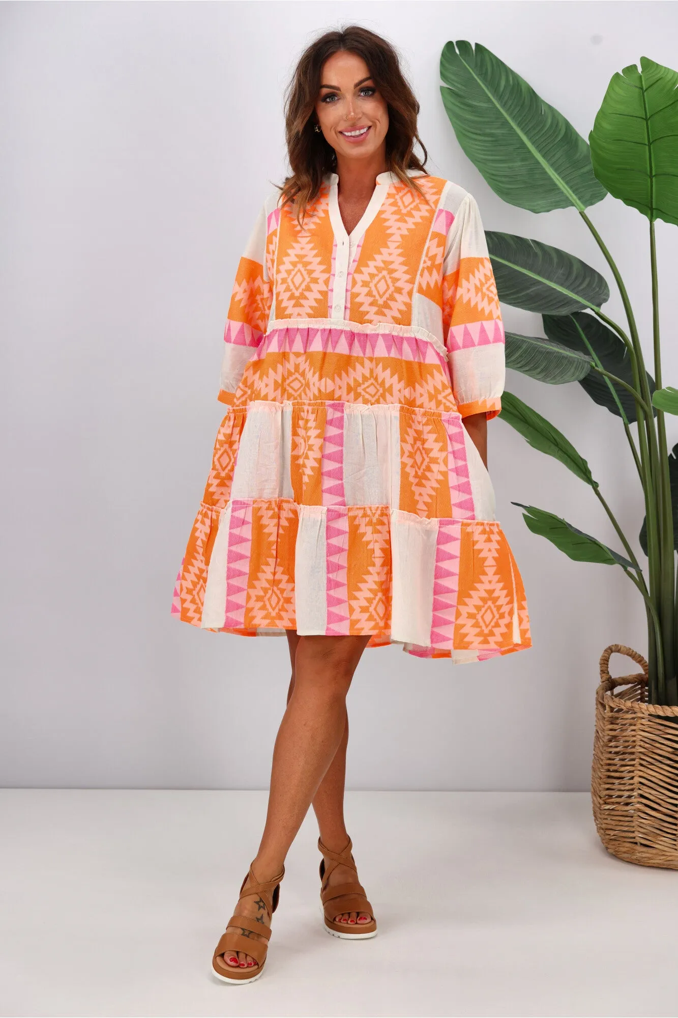 Joop & Gypsy New Mediterranean Jaquard Dress White Orange Pink