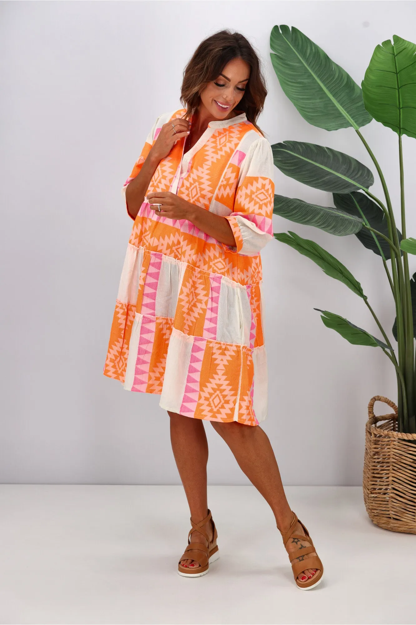 Joop & Gypsy New Mediterranean Jaquard Dress White Orange Pink