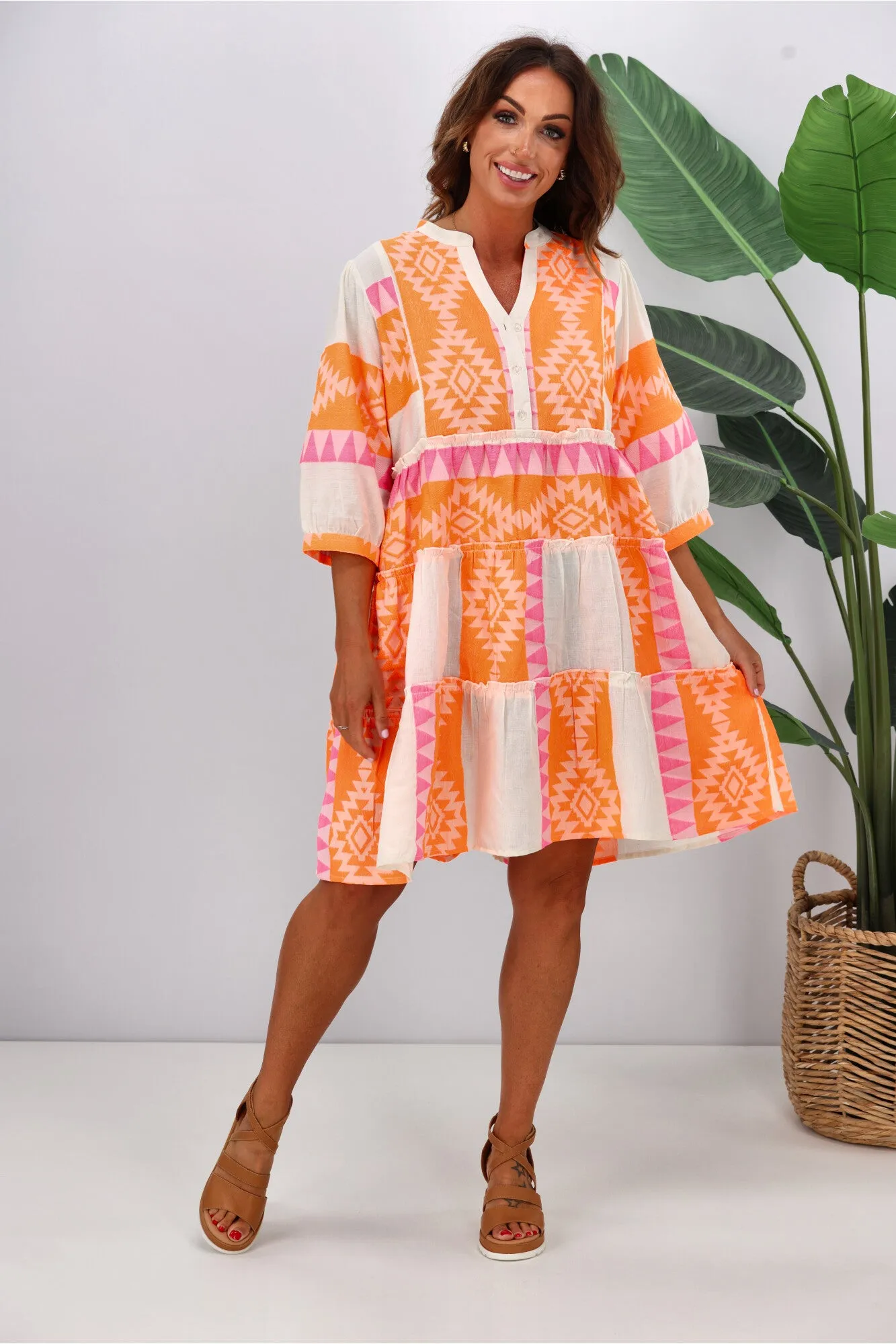 Joop & Gypsy New Mediterranean Jaquard Dress White Orange Pink