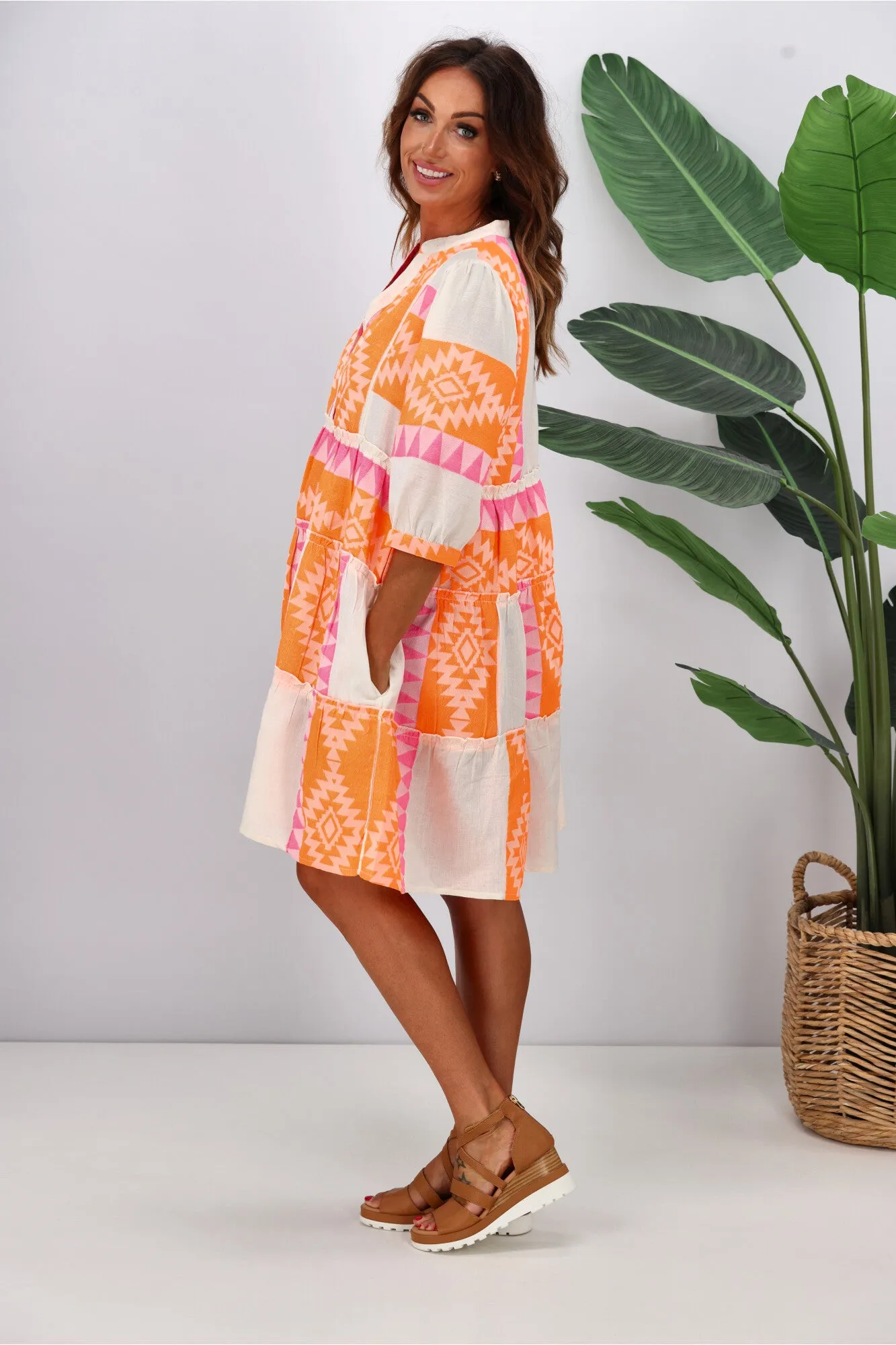 Joop & Gypsy New Mediterranean Jaquard Dress White Orange Pink