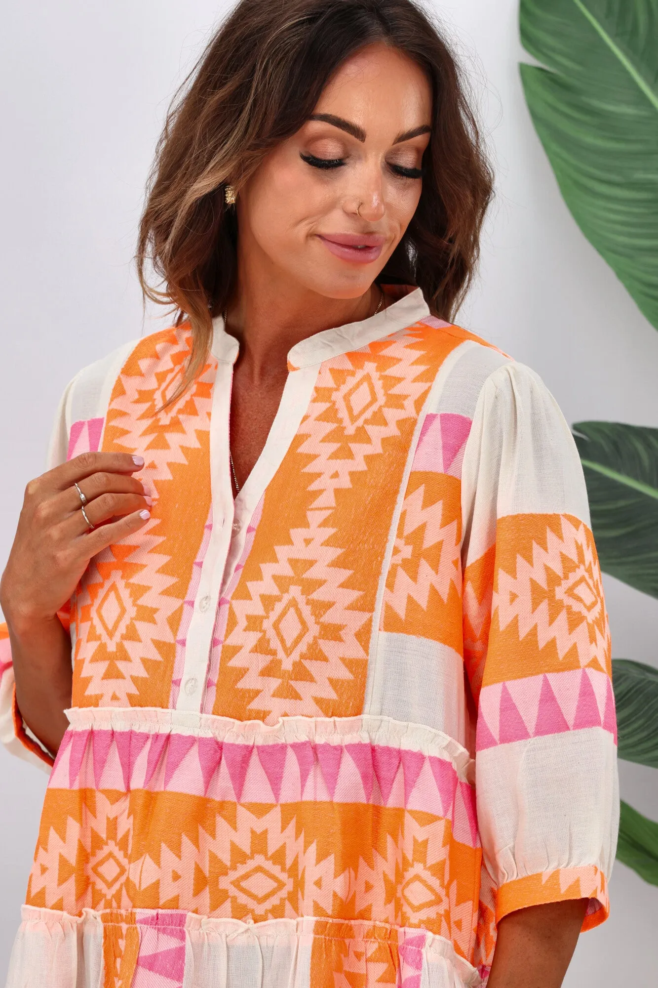 Joop & Gypsy New Mediterranean Jaquard Dress White Orange Pink