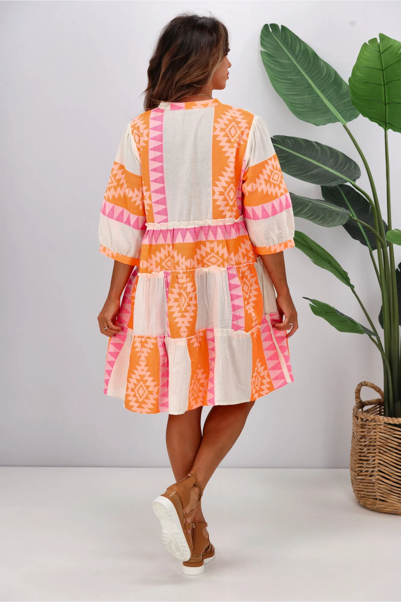 Joop & Gypsy New Mediterranean Jaquard Dress White Orange Pink