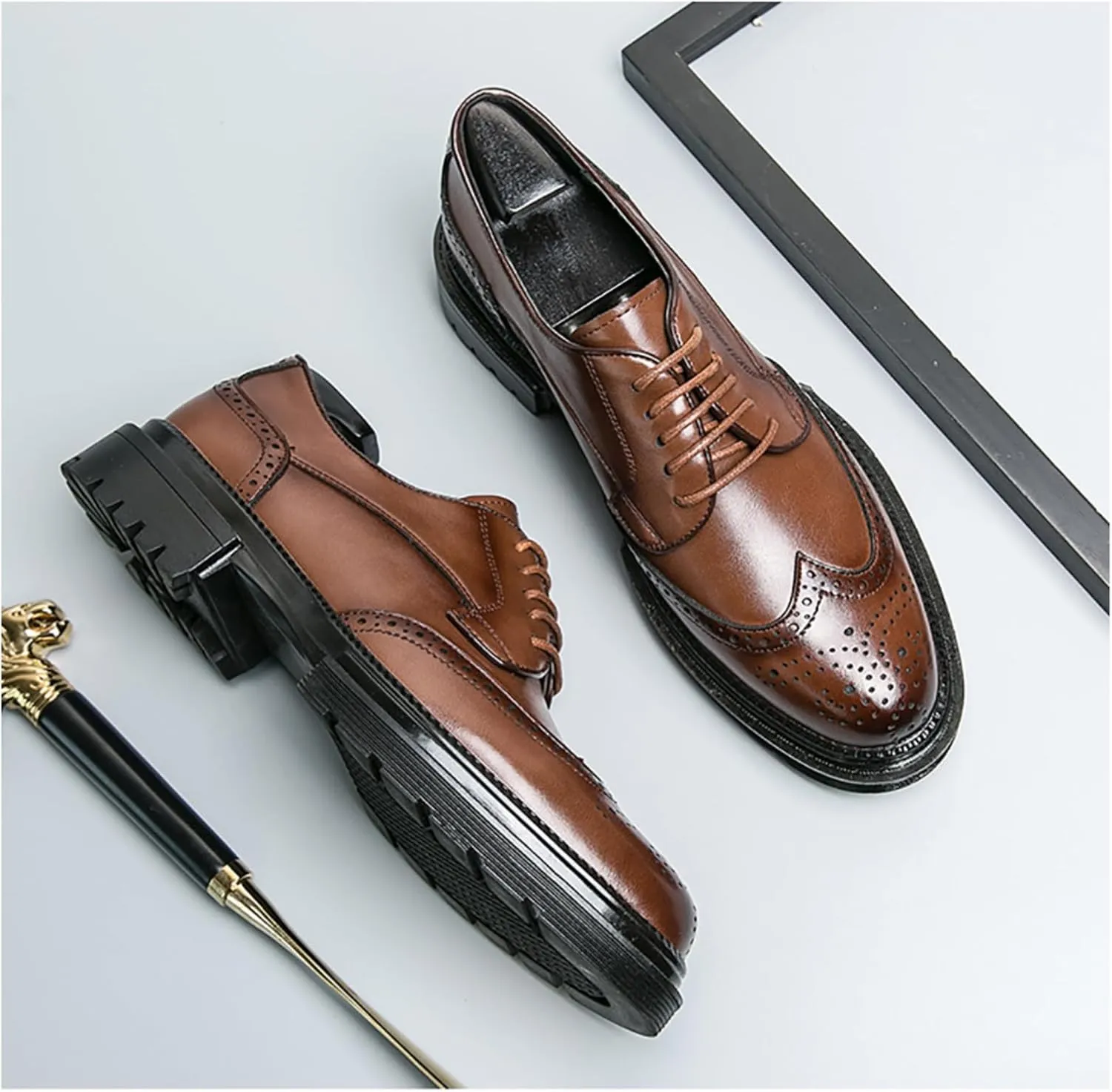 Men's Modern Wingtip Leather Carved Brogue Oxford Shoes Comfortable Round Head Platform Lace Up Height Increasing Dress Shoes for Business Casual Tuxedo Wedding Shoes Groom Shoes