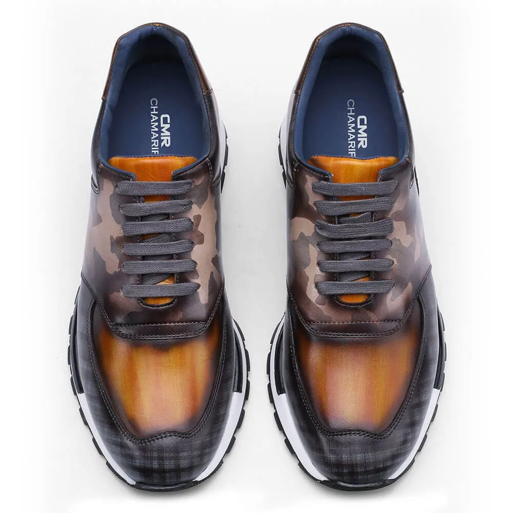 This item only ships to Europe - 7CM /2.76 Inches CMR CHAMARIPA Casual Tall Men Shoes - Hand Patina Elevator Sneaker - Multi-Colored Patina Leather Trainers