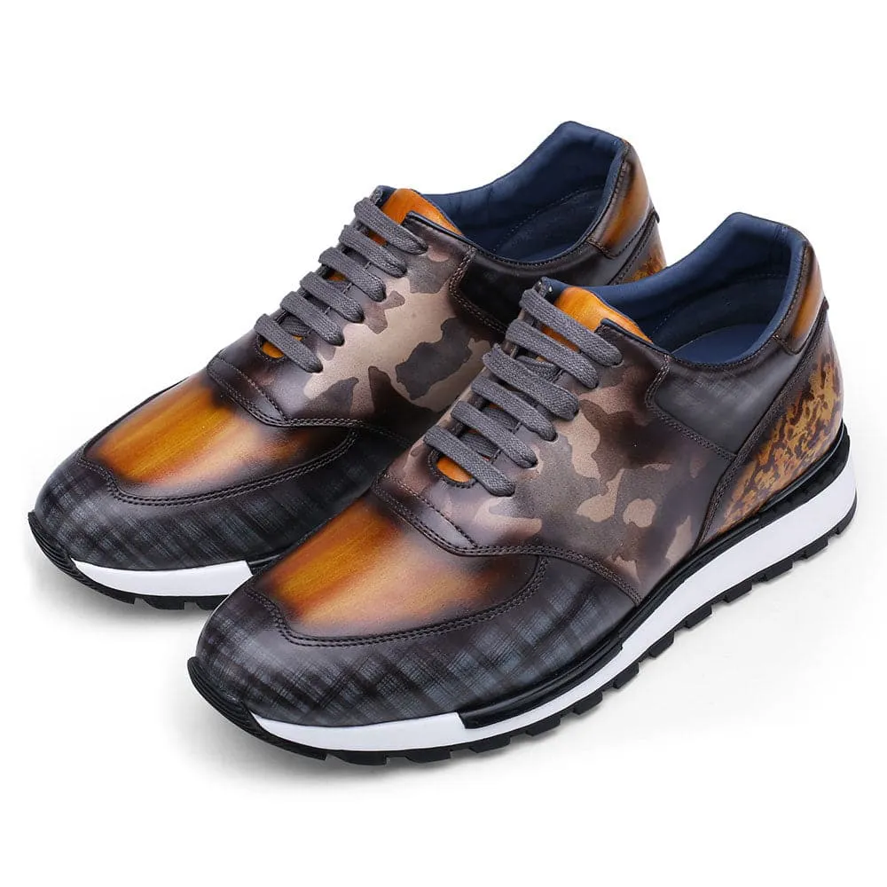 This item only ships to Europe - 7CM /2.76 Inches CMR CHAMARIPA Casual Tall Men Shoes - Hand Patina Elevator Sneaker - Multi-Colored Patina Leather Trainers