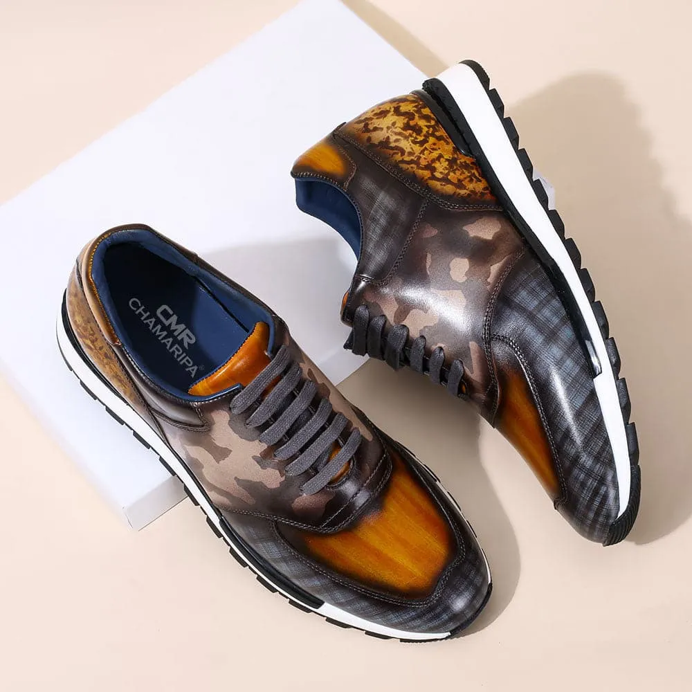 This item only ships to Europe - 7CM /2.76 Inches CMR CHAMARIPA Casual Tall Men Shoes - Hand Patina Elevator Sneaker - Multi-Colored Patina Leather Trainers