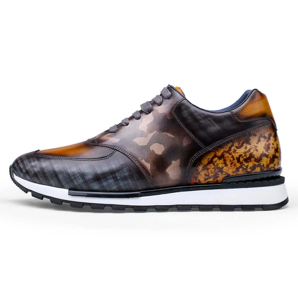 This item only ships to Europe - 7CM /2.76 Inches CMR CHAMARIPA Casual Tall Men Shoes - Hand Patina Elevator Sneaker - Multi-Colored Patina Leather Trainers