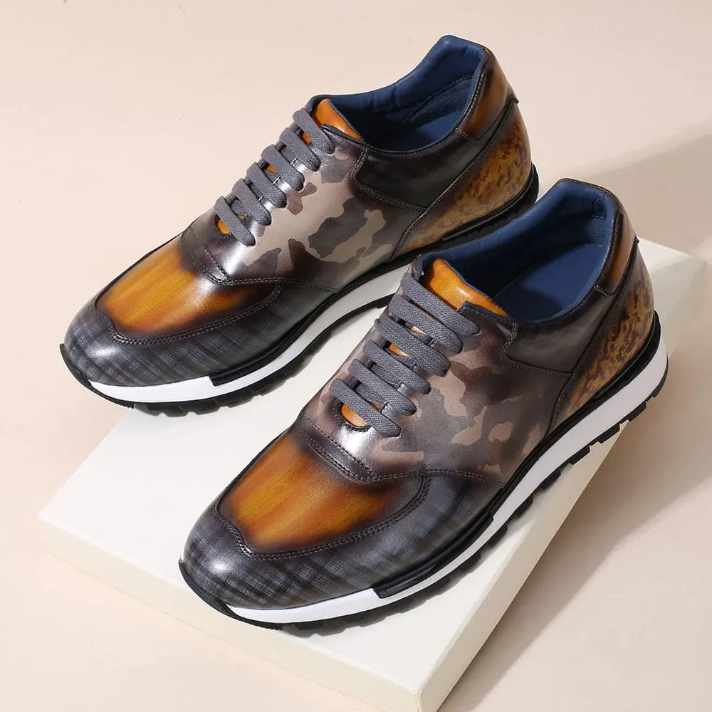 This item only ships to Europe - 7CM /2.76 Inches CMR CHAMARIPA Casual Tall Men Shoes - Hand Patina Elevator Sneaker - Multi-Colored Patina Leather Trainers