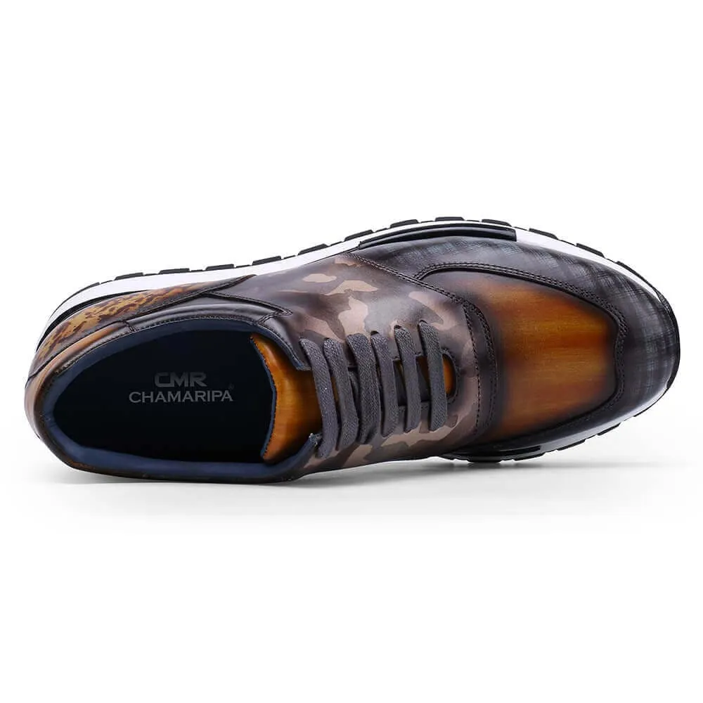 This item only ships to Europe - 7CM /2.76 Inches CMR CHAMARIPA Casual Tall Men Shoes - Hand Patina Elevator Sneaker - Multi-Colored Patina Leather Trainers