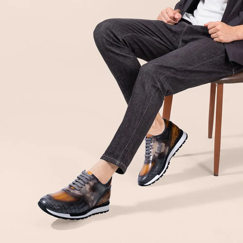 This item only ships to Europe - 7CM /2.76 Inches CMR CHAMARIPA Casual Tall Men Shoes - Hand Patina Elevator Sneaker - Multi-Colored Patina Leather Trainers
