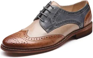 Women's Splicing Leather Wingtip Oxford Shoes Perforated Lace-up Brogue Dress Shoes Comfortable Low Heel Vintage Derby Shoes